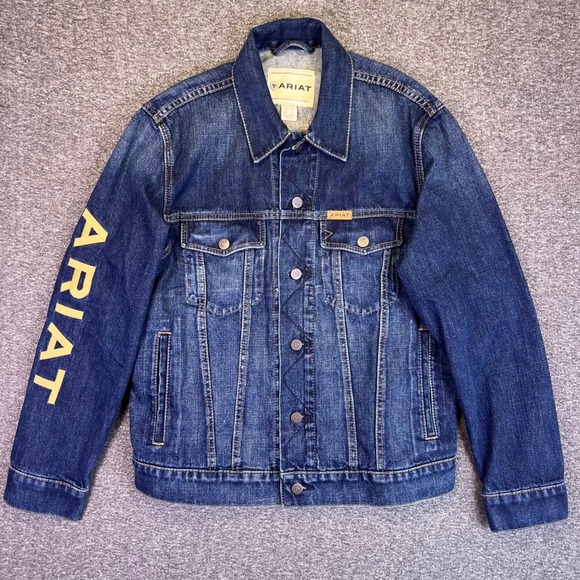 Ariat Richford Denim Team Trucker Jacket Mens M Cowboy Western Rodeo Logo NEW